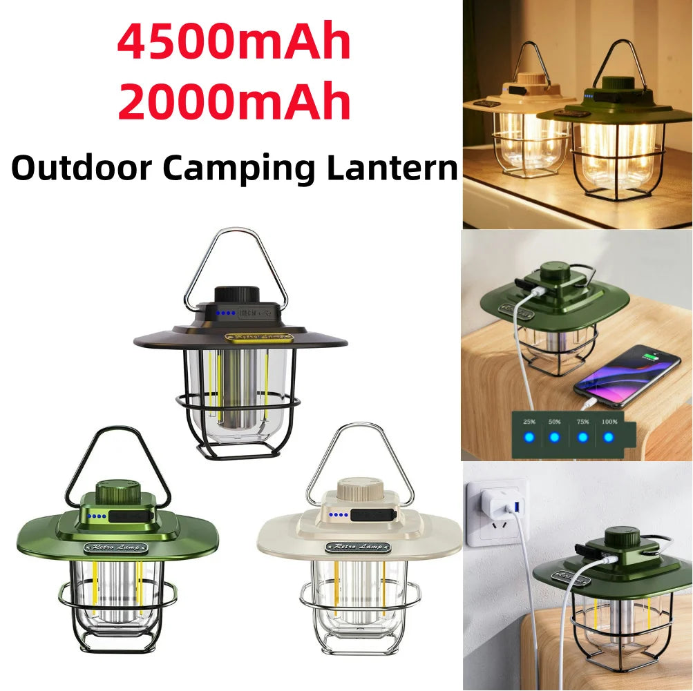 LED Retro Camping Lantaarn | Waterdicht | Type-C Oplaadbaar | Hanglamp met Haak & Batterij Indicator