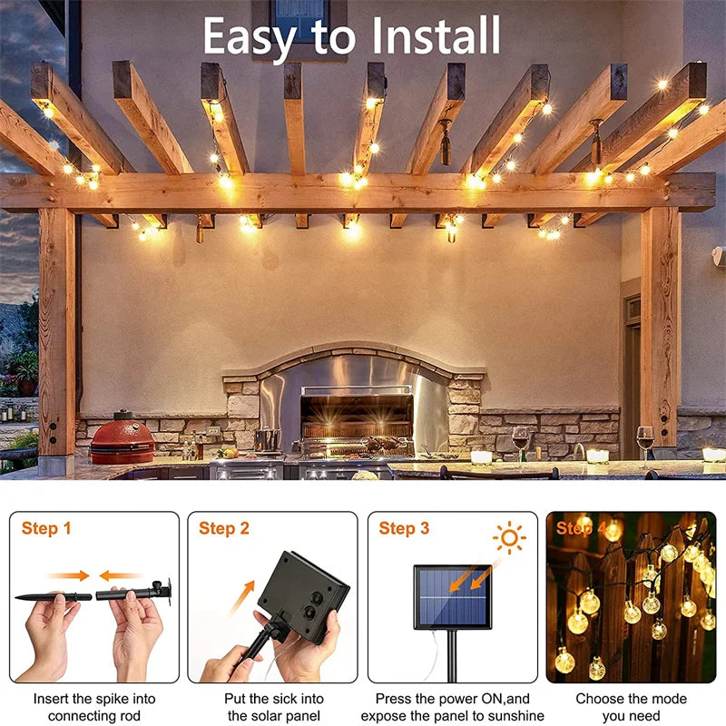 LED-Solar-Lichterkette – 60 wasserdichte LED-Kristallkugel-Lichter mit 8 Modi für Garten, Party und Baumdekoration