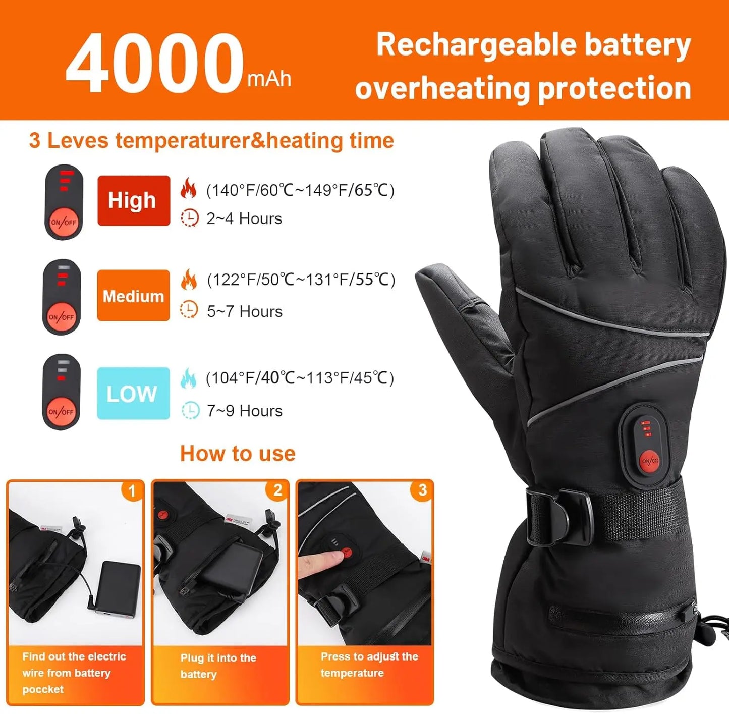 Beheizte Handschuhe – wiederaufladbarer 6000-mAh-Akku – einstellbare Temperatur – für Radfahren, Motorradfahren, Skifahren und Bergsteigen