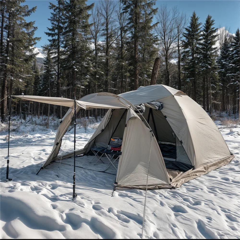 Wasserdichtes 2-Personen-Winterzelt – Tunnelkuppelzelt mit Herdöffnung und Schneefang für 4-Jahreszeiten-Camping