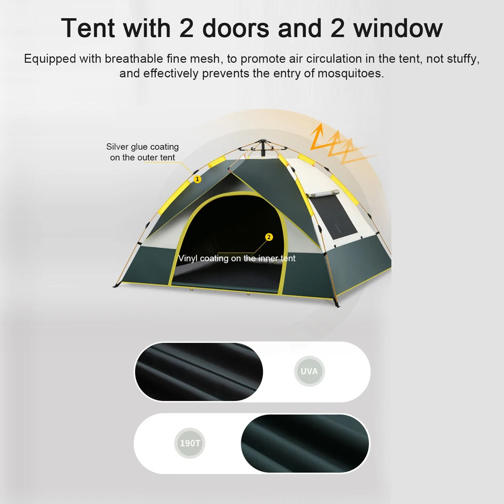 Automatisches Pop-up-Campingzelt für 3–4 Personen – wind- und regenbeständig, UV-Schutz