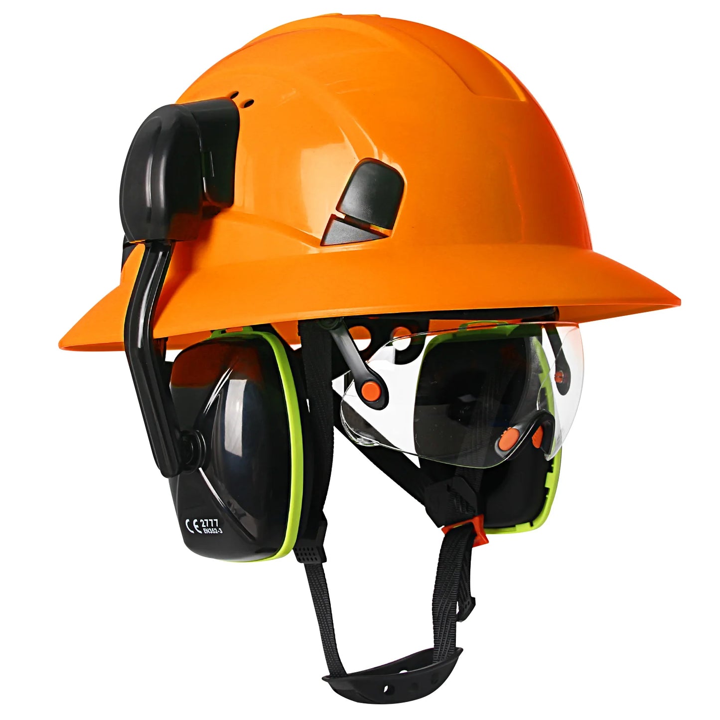 CE Full Brim Veiligheidshelm met Bril & Oorkappen – HDPE Bouwhelm met Zonrand voor Bouw, Olie & Industrie