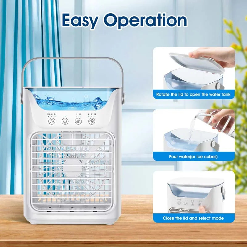 Persoonlijke Draagbare Aircooler – Mini Evaporatieve Ventilator met Waternevel en 7-Kleuren LED Licht