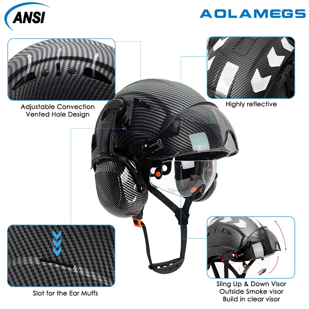 Carbon Fiber Safety Helmet with Visor, Double Goggles and Earmuffs - Industrial Hard Hat for Construction and Climbing