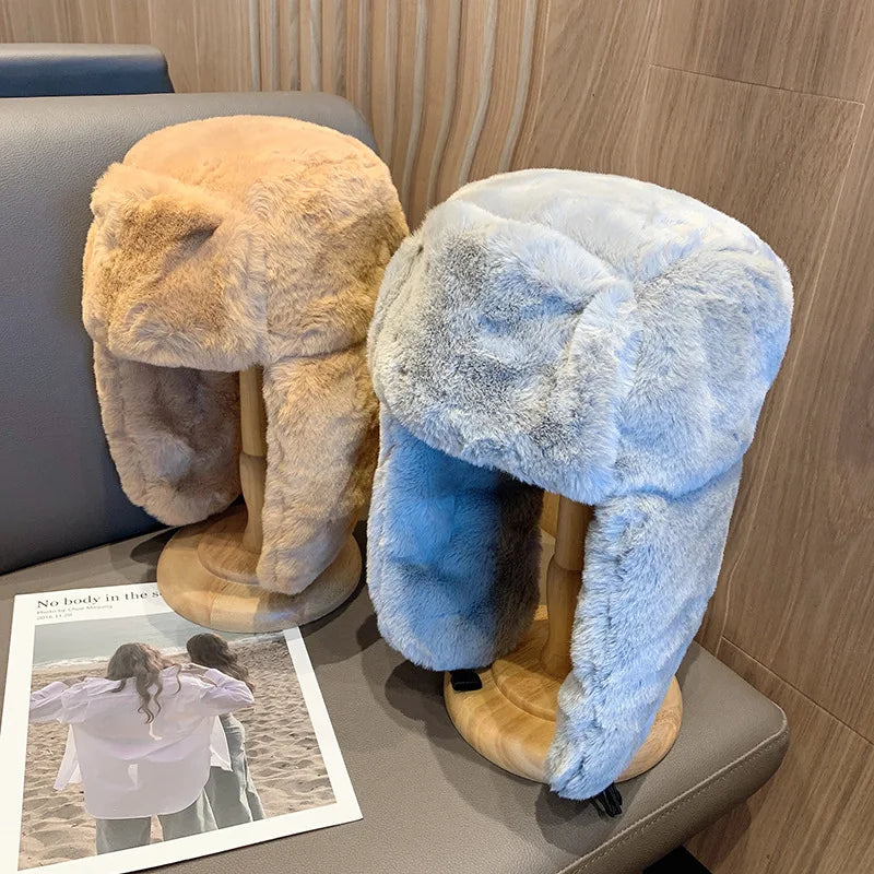 Warme russische Uschanka-Mütze mit Ohrenklappen – Koreanische Mode-Bombermütze für Frauen – Verstellbare Wintermütze mit Kunstfell