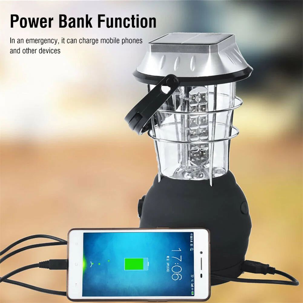 36LED Campinglamp - Multifunctionele Solar Noodverlichting met Handkruk, Zaklamp & Powerbank - Waterdicht & Compact