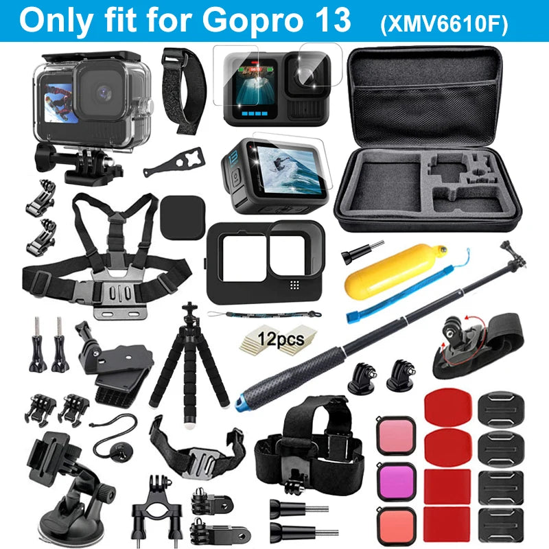 Accessoires Kit voor GoPro Hero 12/11/10/9 - Inclusief Waterdichte Behuizing, Draagtas, Statief & Mounts