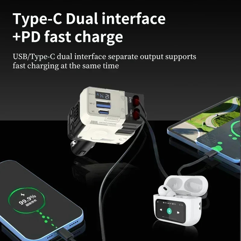 4-in-1 Oplader – Intrekbare Sigarettenaanstekeradapter met USB Type-C en Snelladen