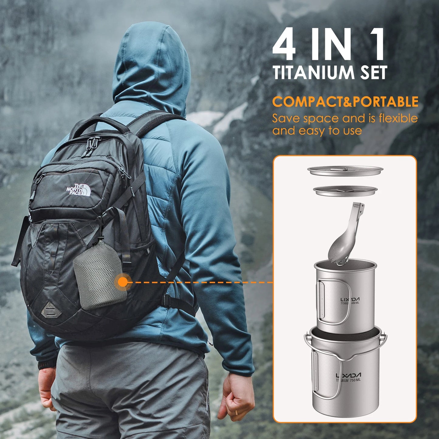 3-delige Titanium Kookset – 750ml Pot, 450ml Beker met Deksel en Opvouwbare Spork voor Outdoor Kamperen en Hiking