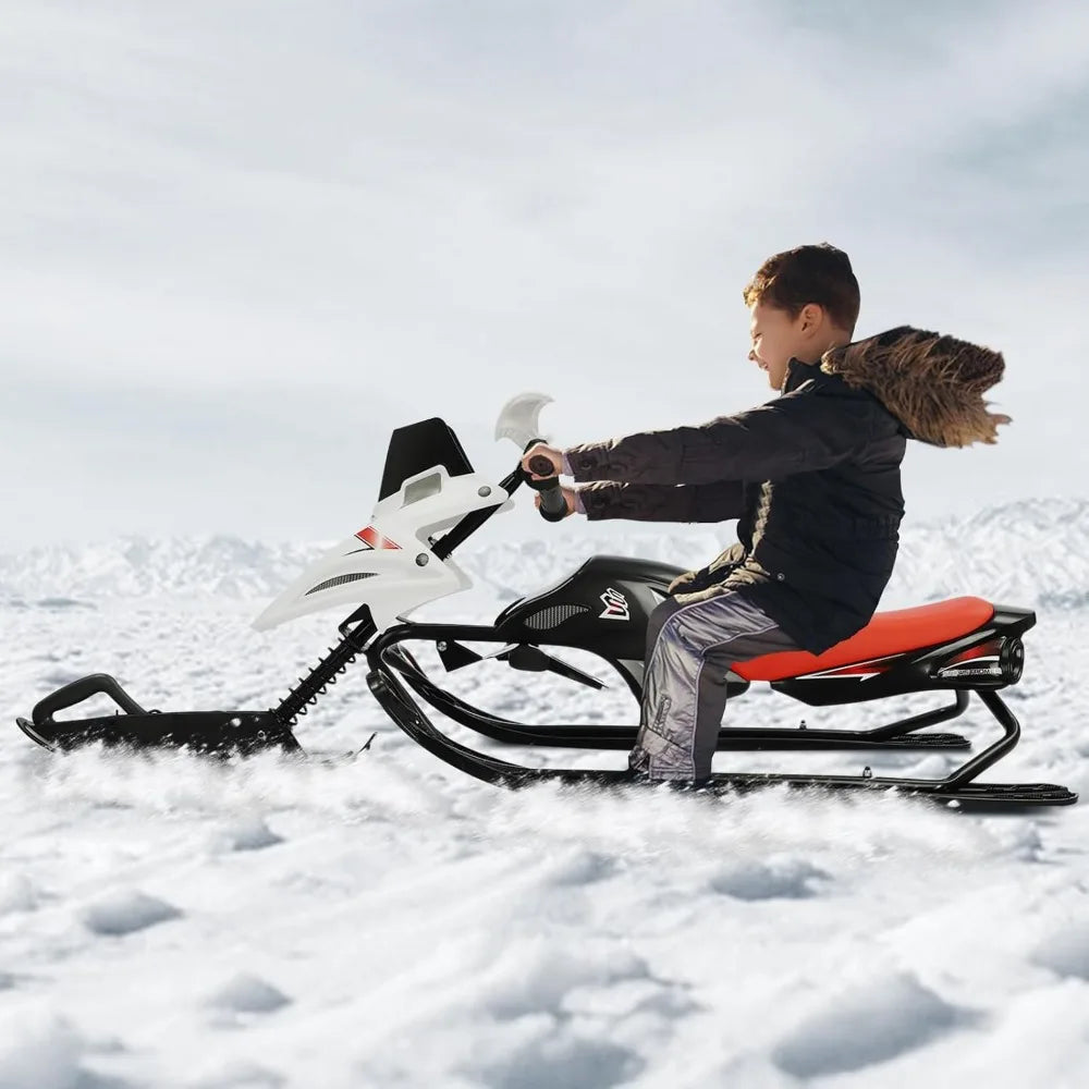 Children's Sled with Steering Wheel and 2 Foot Brakes - Up to 80kg - Adjustable Cushion & Emergency Brake - Suitable for Skating and Skiing