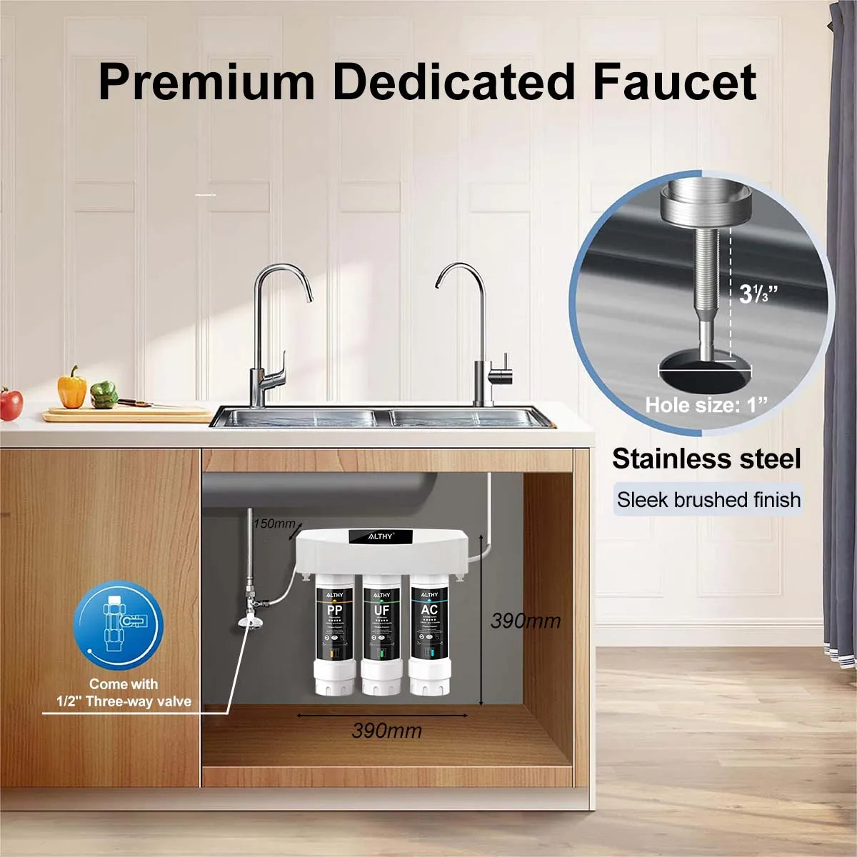 Onder-de-Gootsteen Ultrafiltratie Waterfilter Zuiveringssysteem – 3-Staps PP+UF+AC, Verwijdert Lood, Chloor, Bacteriën en Slechte Smaak