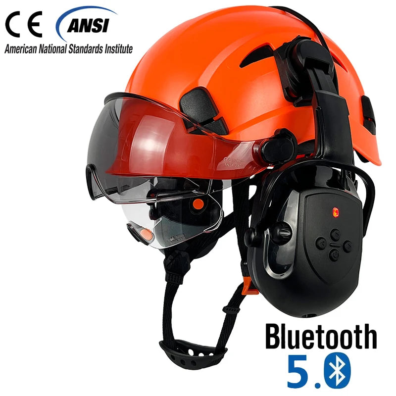 Bouw Veiligheidshelm met Bluetooth 5.0 – Geluidsdempende Oorkappen, Vizier & Zonbescherming, ABS Hardhat