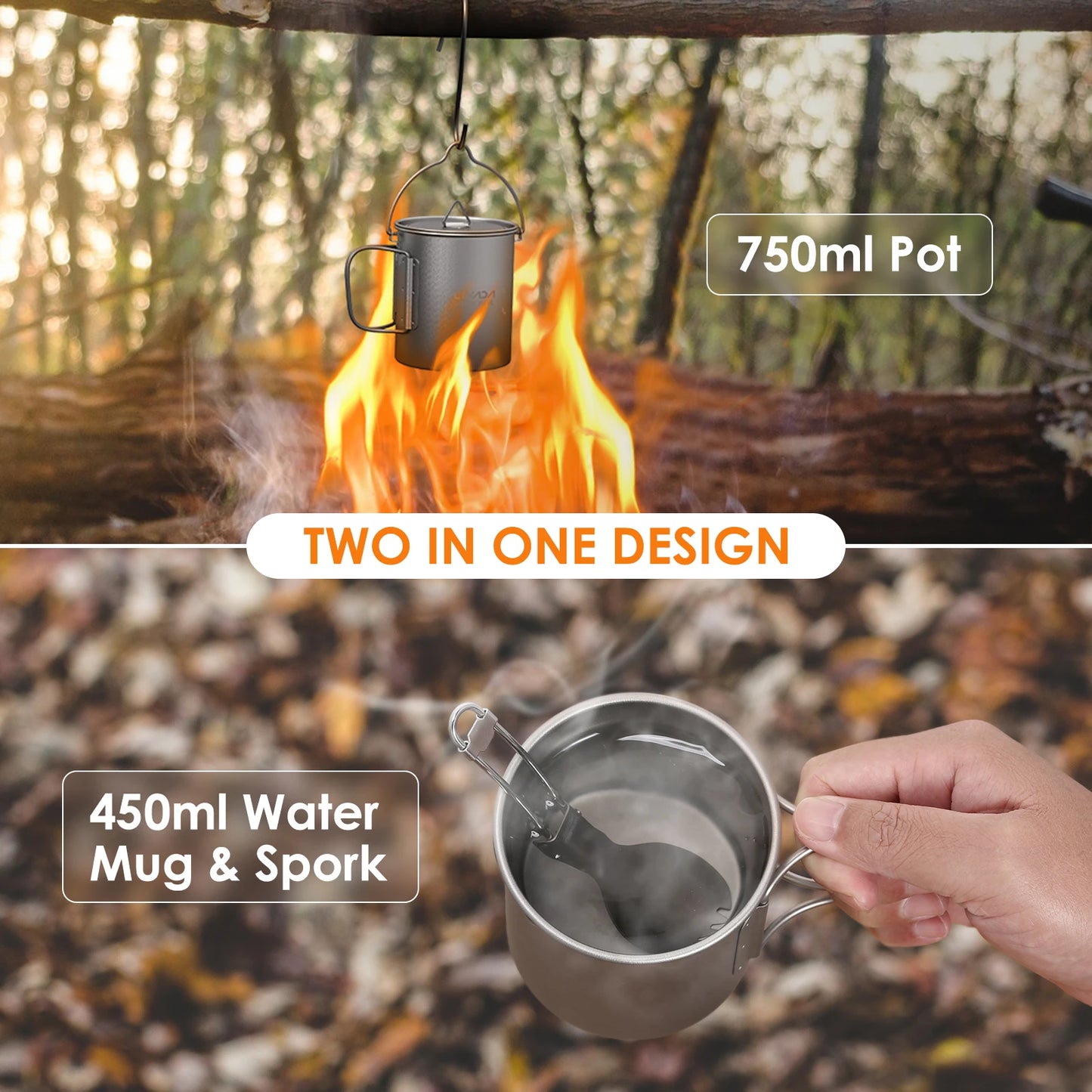 3-delige Titanium Kookset – 750ml Pot, 450ml Beker met Deksel en Opvouwbare Spork voor Outdoor Kamperen en Hiking