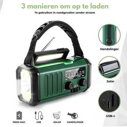 Woopker Emergency Radio E30 - 10000mAh Zonne- en Hand Crank Radio met FM/AM/NOAA, LED Zaklamp & Powerbank