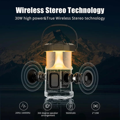Ortizan Outdoor Bluetooth Speaker & Camping Lantaarn | IPX7 Waterdicht | LED Verlichting | 30W Draadloze Speaker