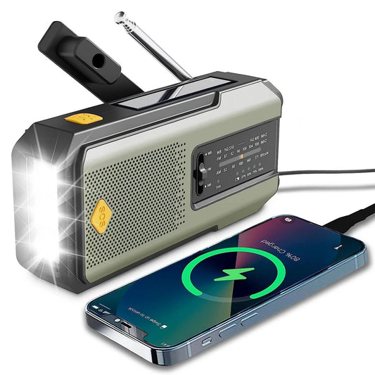 Multifunctionele Weer- en Noodradio – Handcrank, Solar, USB Opladen, Powerbank, LED Zaklamp