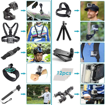 Zubehör-Set für Action-Kameras – geeignet für GoPro Hero 12/11/10, Xiaomi Yi, Insta360 X3/X4 – inklusive Gehäuse, Halterungen und Selfie-Stick