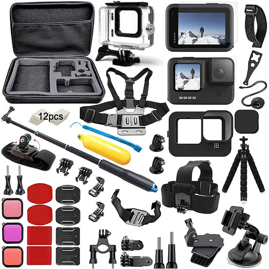 Zubehörset für GoPro Hero 12/11/10/9 – inklusive wasserdichtem Gehäuse, Tragetasche, Stativ und Halterungen