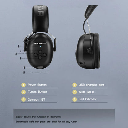 Bluetooth Earmuffs 5.0 - Elektronische Hoofdtelefoon met Gehoorbescherming, Geluidsreductie en Oplaadbare Functie voor Muziek en Veiligheid
