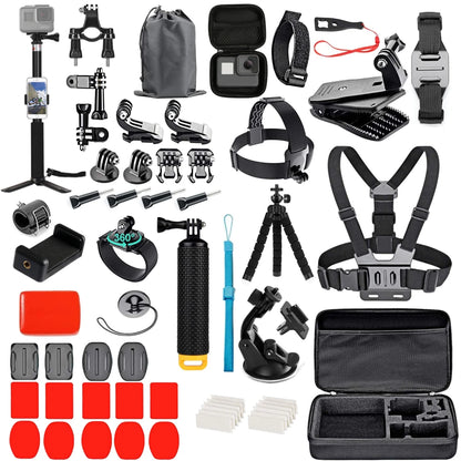Zubehör-Set für Action-Kameras – geeignet für GoPro Hero 12/11/10, Xiaomi Yi, Insta360 X3/X4 – inklusive Gehäuse, Halterungen und Selfie-Stick