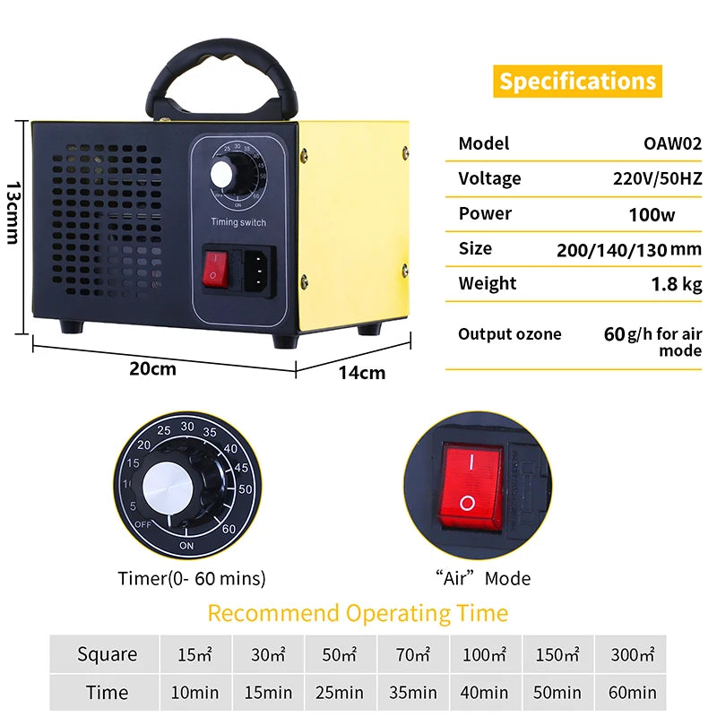 Ozon generator 60g – 220V luchtreiniger & geurverwijderaar – Ozonator voor thuisgebruik