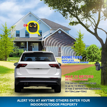 Draadloos Oprit Alarm - Waterdichte PIR Bewegingssensor voor Garage, Poort, Huis en Bedrijf, 800m Bereik, 15m Detectie