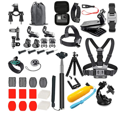 Zubehör-Set für Action-Kameras – geeignet für GoPro Hero 12/11/10, Xiaomi Yi, Insta360 X3/X4 – inklusive Gehäuse, Halterungen und Selfie-Stick