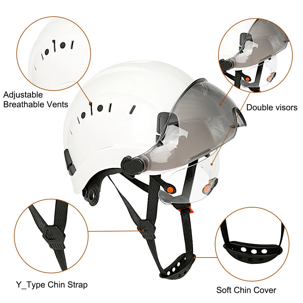CE Bouwhelm met Dubbele Bril & Zweetdoek – Verstelbare ABS Veiligheidshelm voor Bouw & Redding