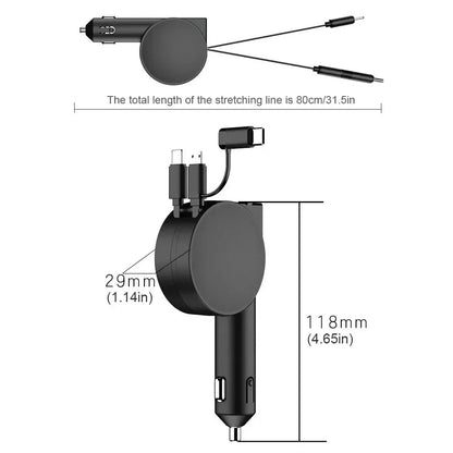 120W 4-in-1 Intrekbare Autolader – USB Type-C Kabel voor iPhone, Xiaomi, Huawei, Samsung Snelladen Sigarettenaanstekeradapter