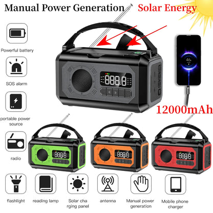 12000mAh Noodradio met Zonnepaneel & Crank – Draagbare AM/FM Radio, Powerbank & Zaklamp voor Outdoor Survival