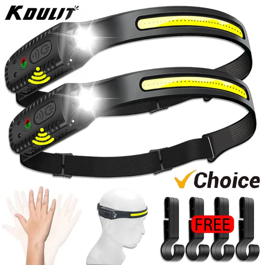 USB Rechargeable LED Sensor Headlamp - XPE+COB Headlamp with Motion Sensor for Camping, Fishing, and Outdoor Activities