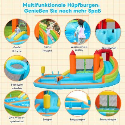 Multifunctioneel Opblaasbaar Springkasteel met Waterglijbaan, Trampoline & Basketbalring – Voor Kinderen – Met Blower
