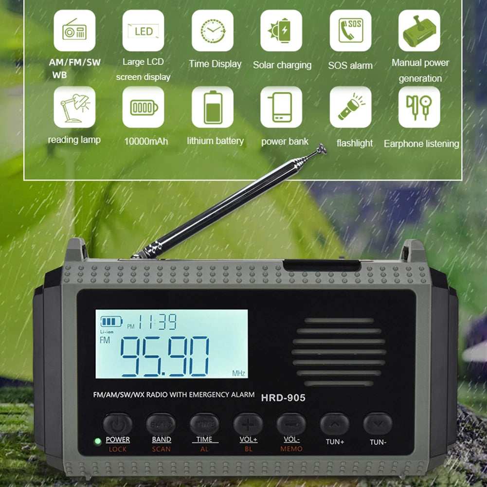 Draagbare Noodradio met Handcrank – Solar Powered AM/FM/SW Radio, Powerbank & LED Zaklamp