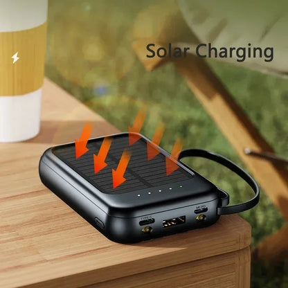 Snelladende Compacte Powerbank – Met Ingebouwde Kabels, Solar LED Licht, Geschikt voor Samsung, Apple & Xiaomi