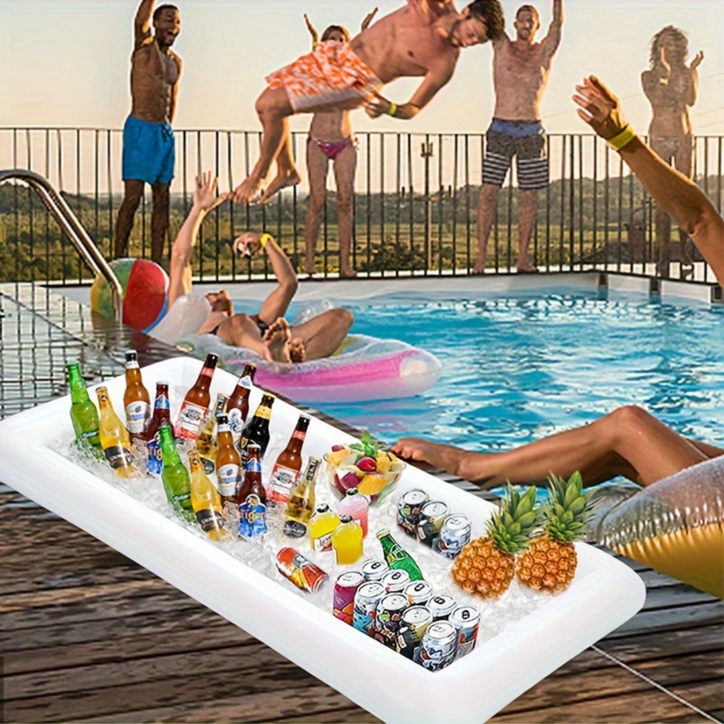 Opblaasbare Zwembaddrijver met IJs- en Voedseltray – Wit PVC – Perfect voor Pool Party