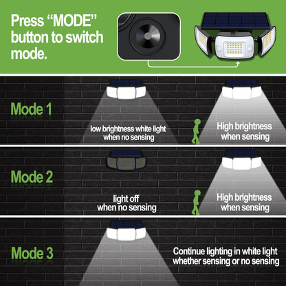 Outdoor Solar Lamp | 3-Koppige Dual Motion Sensor LED Lamp 1200lm, 270° Waterdicht Buitenlicht