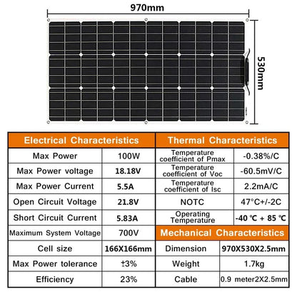 12V Flexibel Monokristallijn Zonnepaneel – 100W tot 600W Waterdicht Solar Panel voor RV & Boot