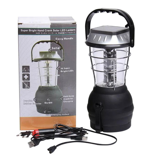 36LED-Campinglampe – multifunktionale Solar-Notbeleuchtung mit Handkurbel, Taschenlampe und Powerbank – wasserdicht und kompakt