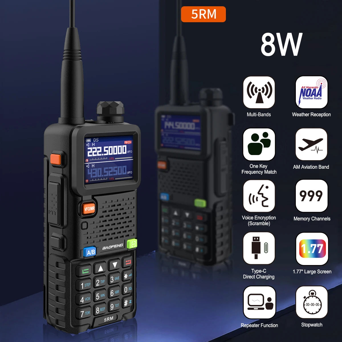 2 Stück Baofeng 5RM Hochleistungs-Walkie-Talkies – große Reichweite, NOAA-Wetterkanäle, 999 Kanäle, USB-C-Aufladung