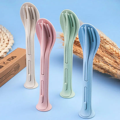 3-teiliges tragbares Besteckset – umweltfreundlicher Weizenstrohlöffel, Gabel und Messer mit Aufbewahrungsbox für Reisen, Picknick und Camping