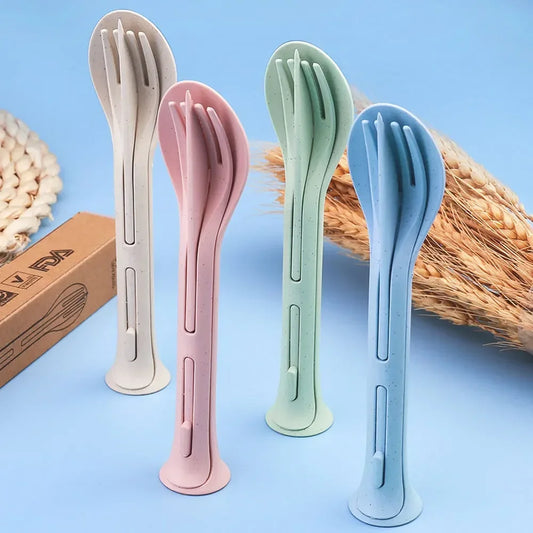 3-teiliges tragbares Besteckset – umweltfreundlicher Weizenstrohlöffel, Gabel und Messer mit Aufbewahrungsbox für Reisen, Picknick und Camping