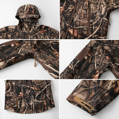 Taktische Tarnjacke für Herren – wasserdichte, warme Fleece-Softshell-Jacke mit Kapuze für Jagd, Wandern und Angeln