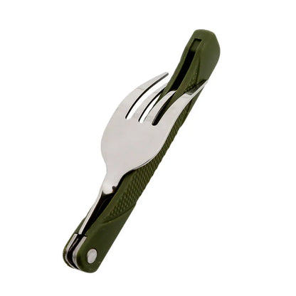 Faltbares Besteckset aus Edelstahl – Löffel, Gabel und Messer mit grüner Aufbewahrungstasche, perfekt für Picknick, Camping und Outdoor