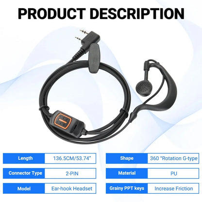 Baofeng-Headset – G-förmiger Ohrhörer mit Mikrofon und PTT für UV-5R, UV-13 PRO, UV-S9 Plus, AR-518 und mehr Walkie-Talkie-Zubehör