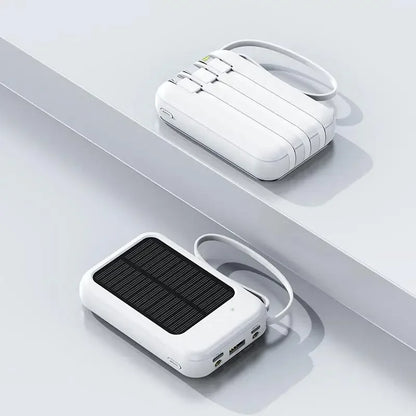 Snelladende Compacte Powerbank – Met Ingebouwde Kabels, Solar LED Licht, Geschikt voor Samsung, Apple & Xiaomi