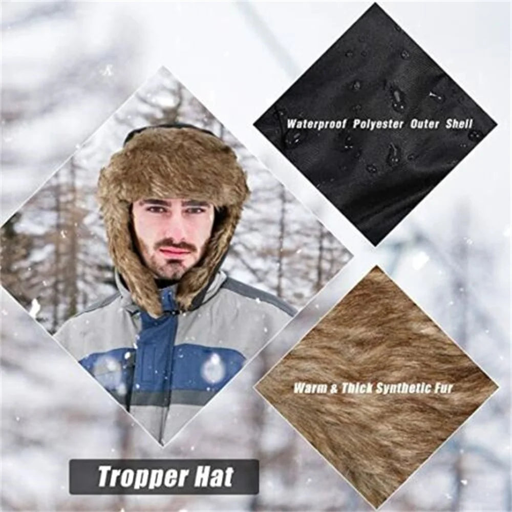 Waterproof Winter Trapper Aviator Hat with Earflaps – Warm Russian Ski Hat for Men and Women – Unisex Bomber Cap with Faux Fur