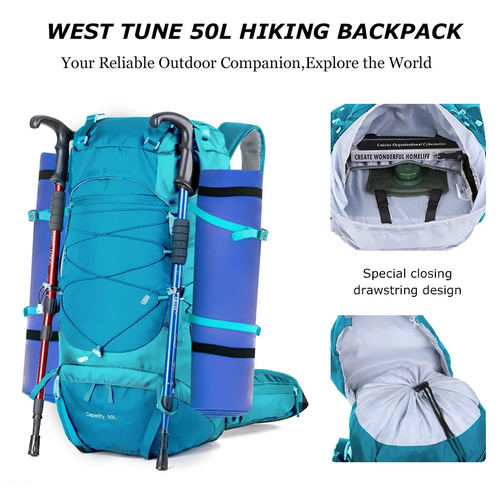 50L Wanderrucksack mit Regenhülle – multifunktionaler Bergsteigerrucksack für Outdoor-Reisen, Trekking und Camping