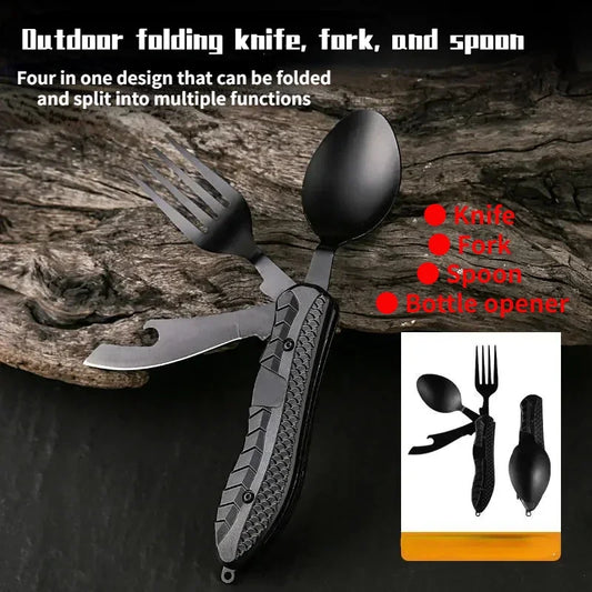Tragbares Campingbesteck – faltbarer Edelstahl-Löffel, Gabel, Messer und Flaschenöffner, Multitool