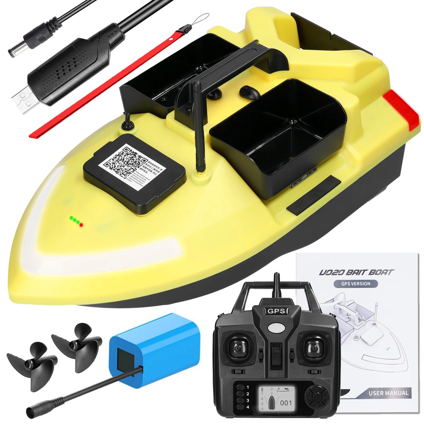 V020 GPS Bait Boat – 500m Distance, Dual Motor &amp; Fish Finder, Auto-Cruise &amp; Return Function