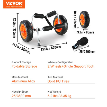 Kayak Cart 250 lbs - Vouwbare Canoe Trolley met 10'' Wielen en Steunvoet voor Paddleboards, Vlotmatten en Jon Boats